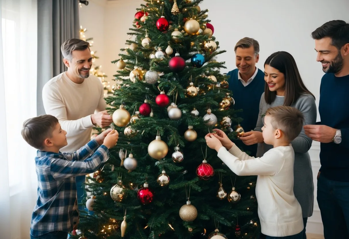 En familie samles omkring et smukt dekoreret juletræ hvor de omhyggeligt vælger de perfekte ornamenter til at pynte deres hjem